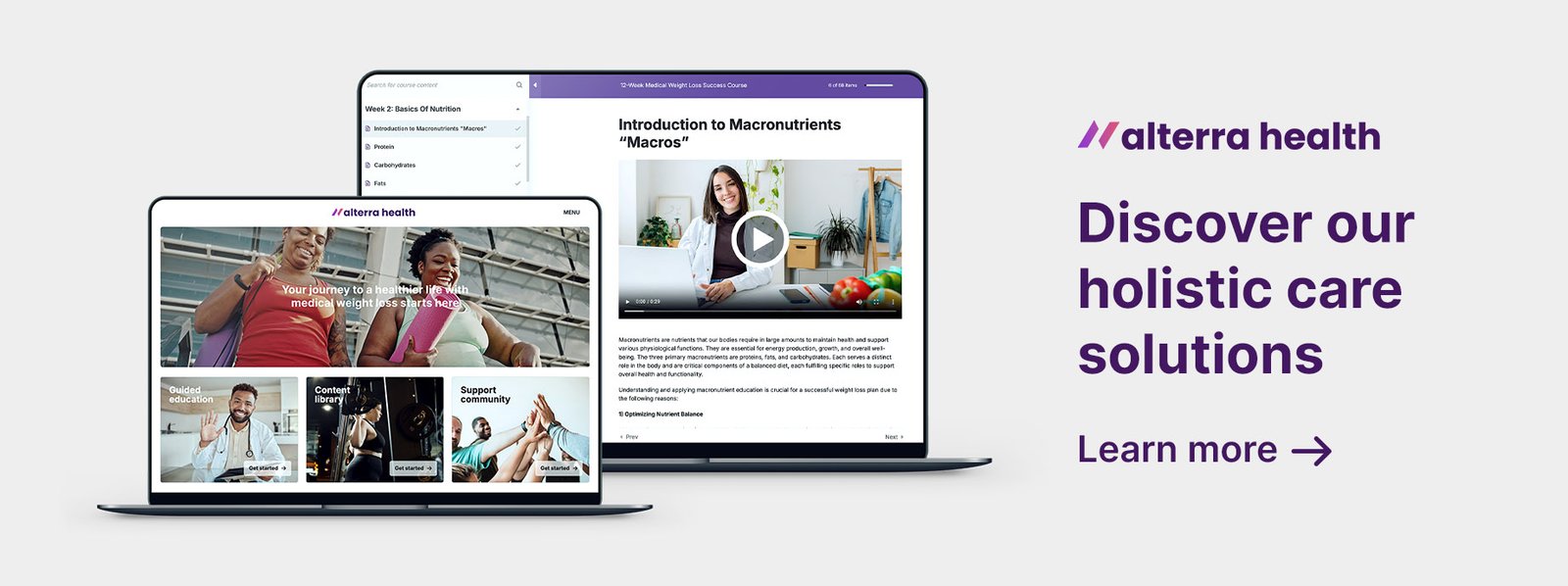 Graphic showing two screens from the Alterra Health 360° holistic lifestyle care platform for medical providers, wellness clubs, and country clubs.